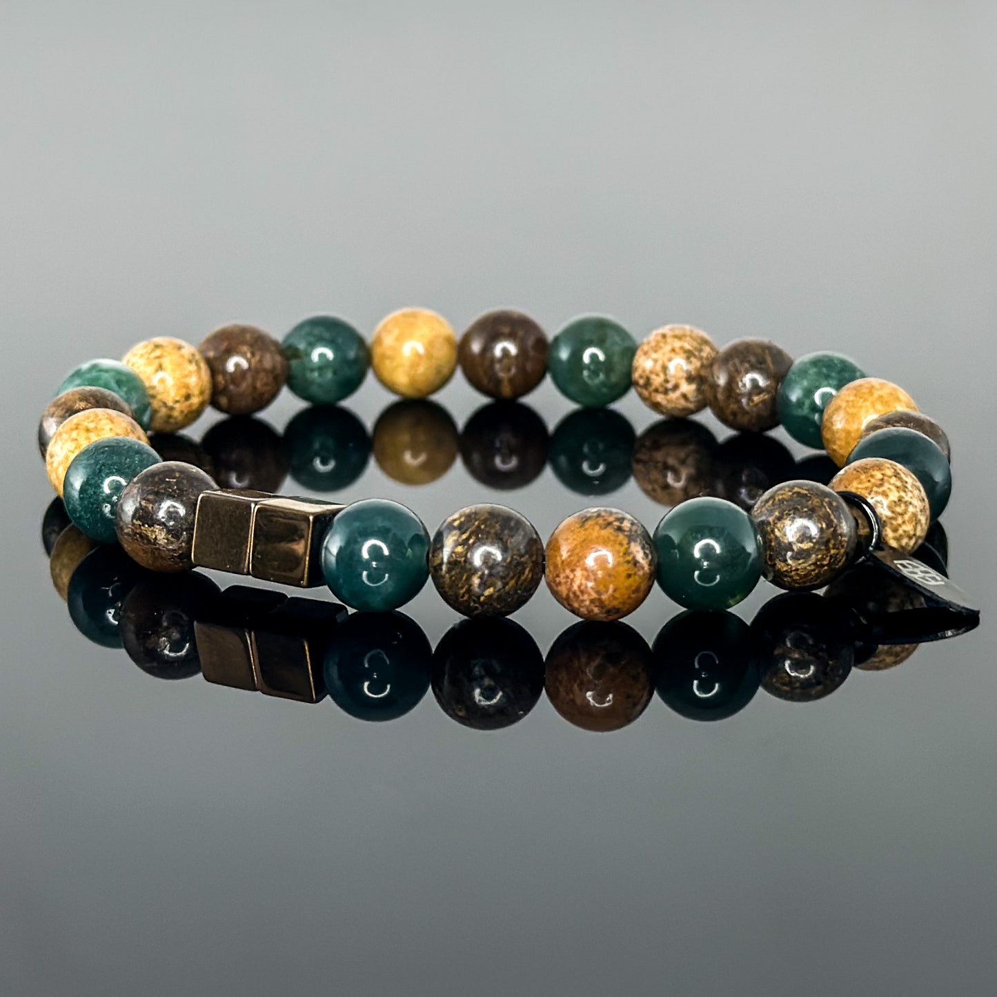 2147 Men's Trio Wristband with Moss Agate, Picture Jasper, and Bronzite