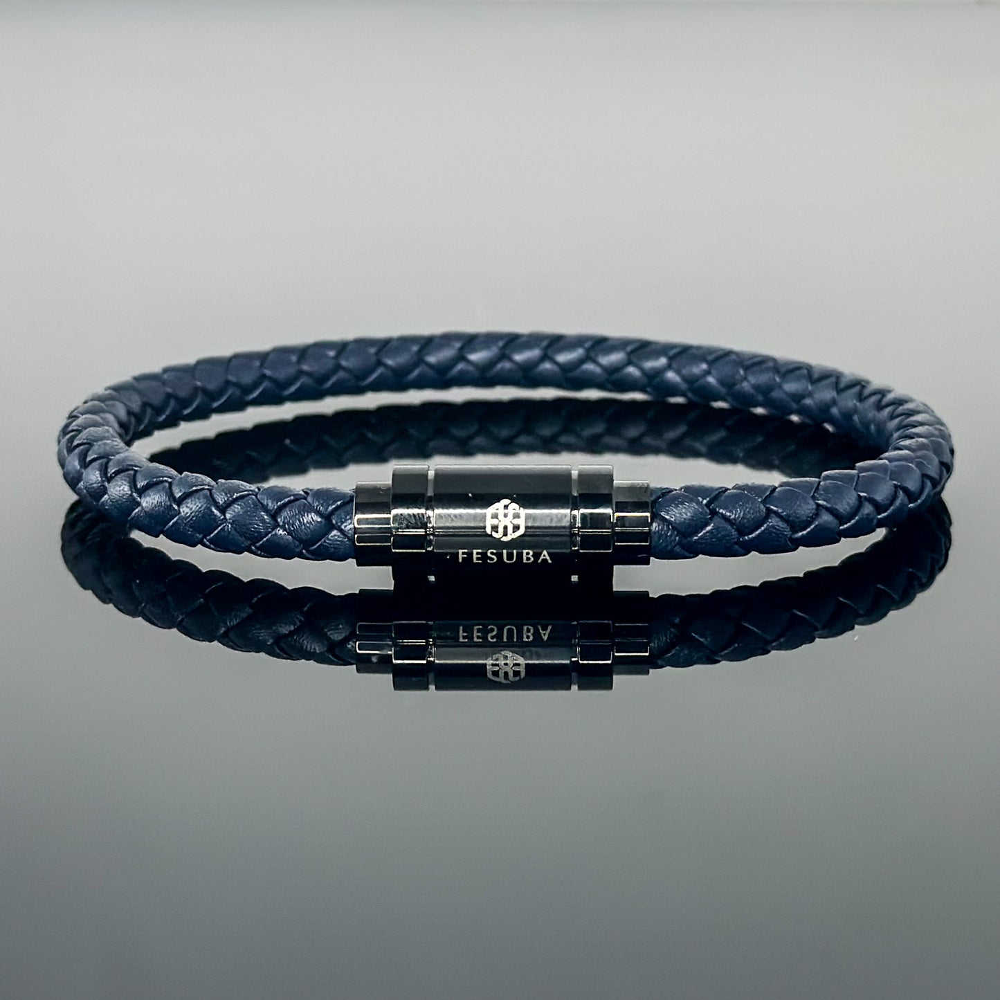 4027 Men’s Dark Blue Plaited Leather Bracelet with Black Magnetic Clasp