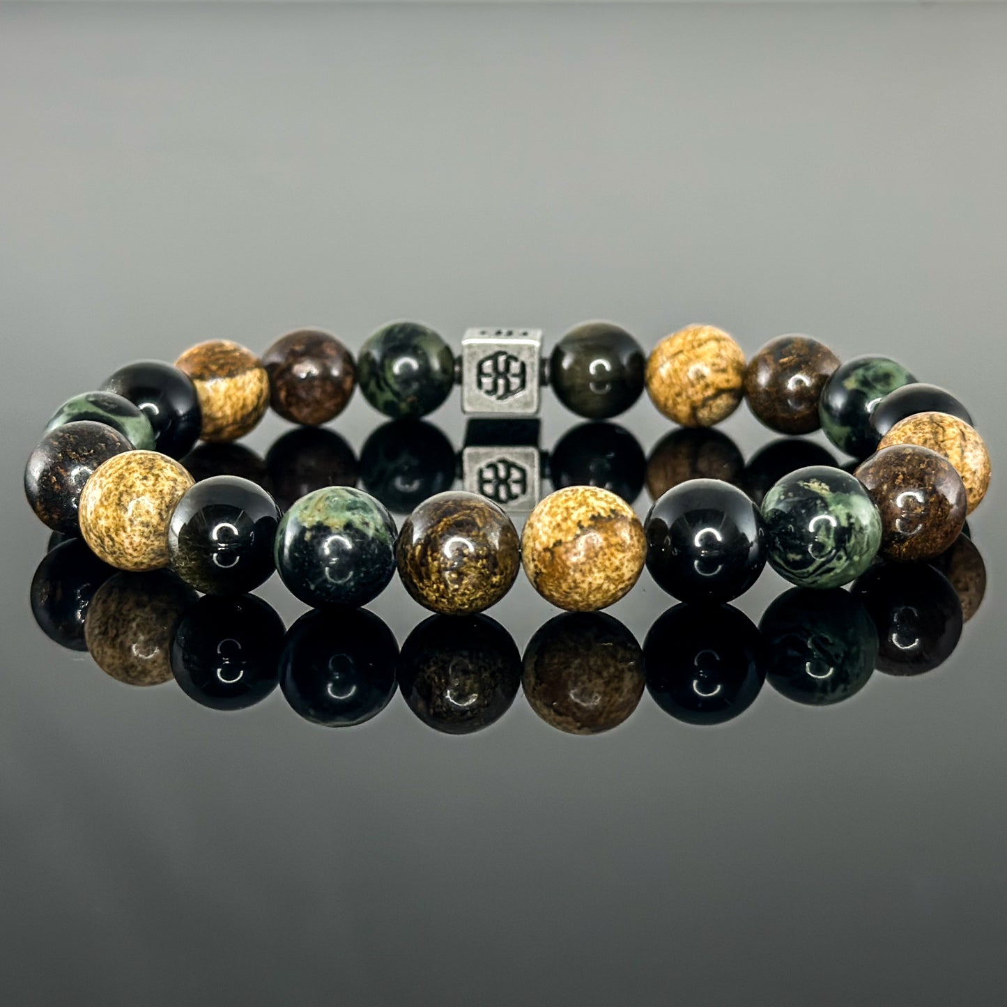 3107 Men's Signature Wristband with Green Rhyolite Kambaba Jasper, Gold Sheen Obsidian, Bronzite, and Picture Jasper