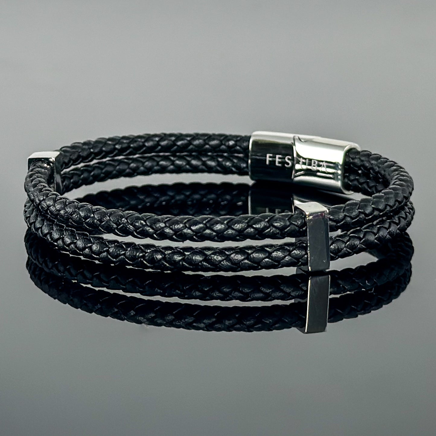 4029 Men’s Double Plait Black Slim Leather Bracelet