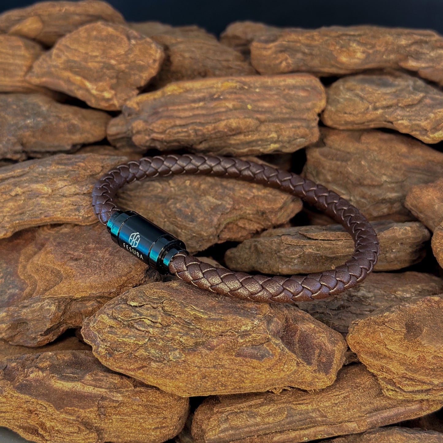 4027 Men’s Brown Plaited Leather Bracelet with Black Magnetic Clasp