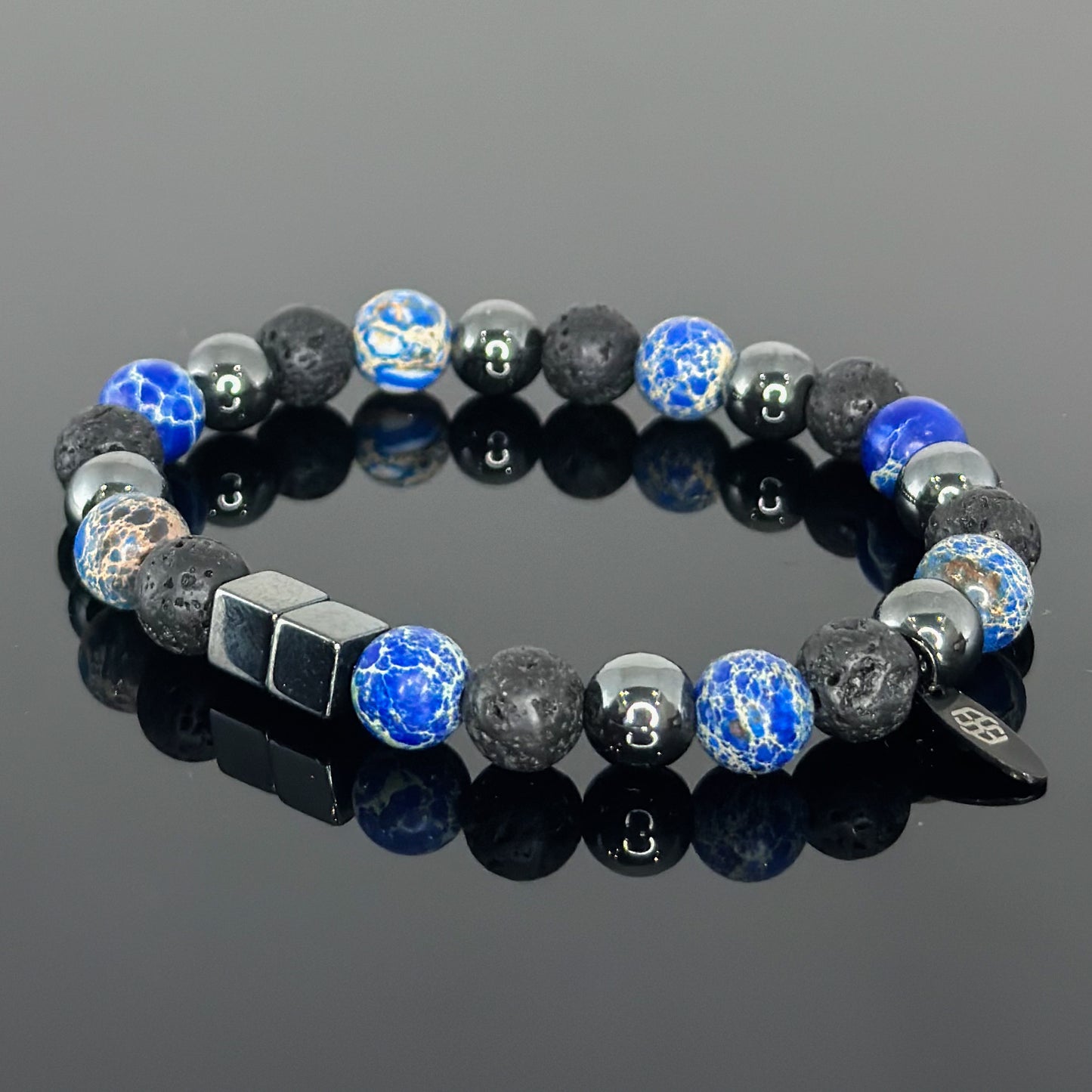 2140 Men's Trio Wristband with Deep Blue Sediment Imperial Jasper, Lava Stone and Hematite