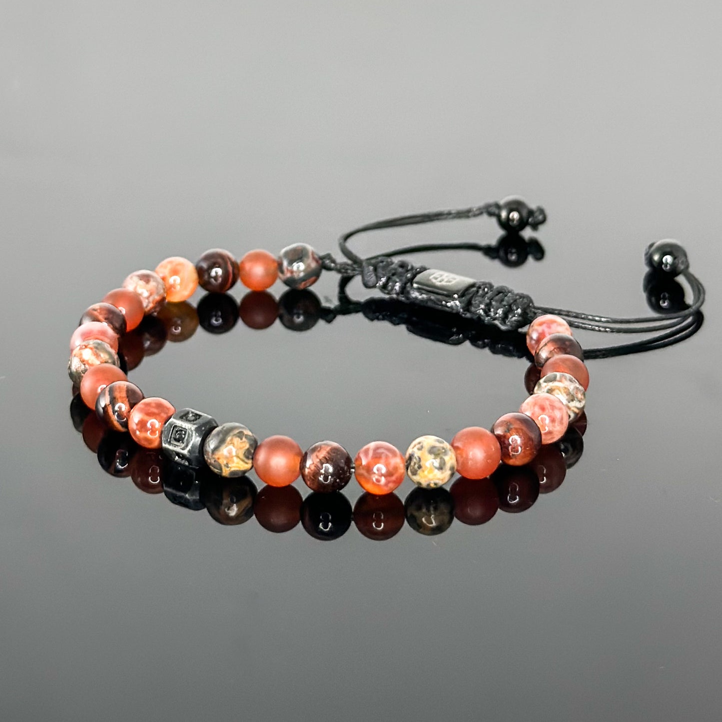 2208 Men's Mixed Stones Bracelet with Leopard Skin Jasper, Crab Fire Agate, Red Tiger's Eye and Matte Red Agate