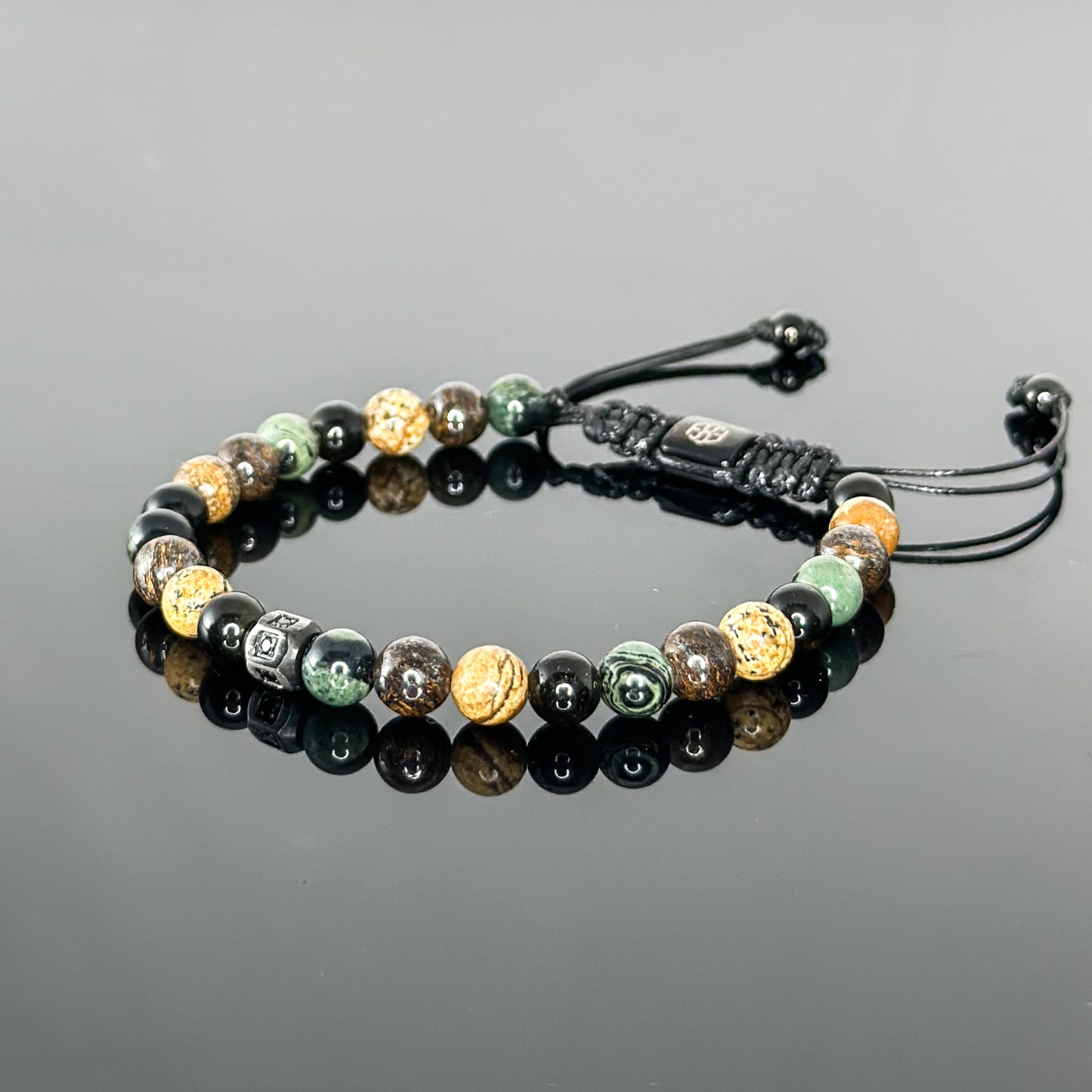 2206 Men's Mixed Stones Bracelet with Green Rhyolite Kambaba Jasper, Bronzite, Picture Jasper and Gold Sheen Obsidian