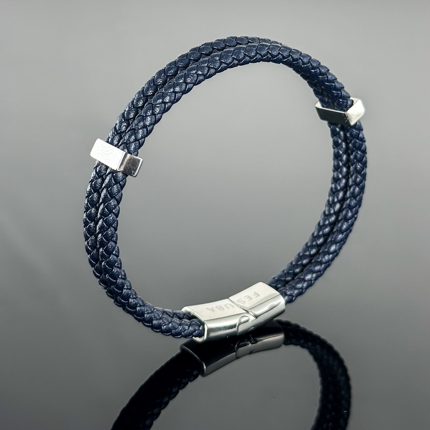 4029 Men’s Double Plait Dark Blue Slim Leather Bracelet