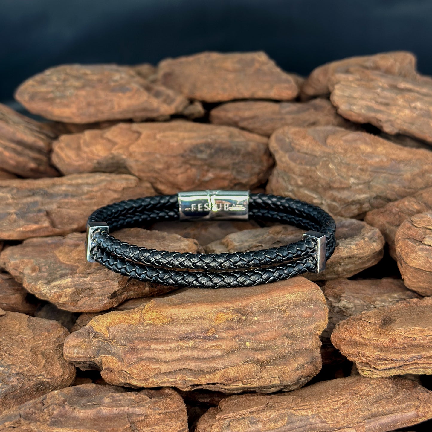 4029 Men’s Double Plait Black Slim Leather Bracelet