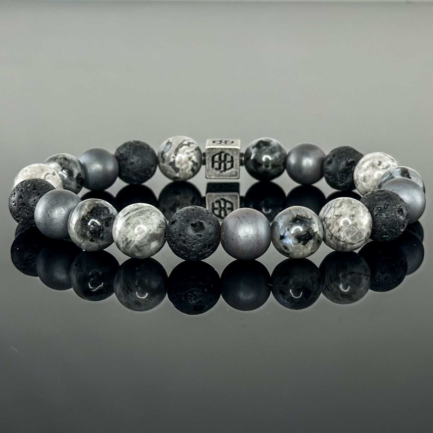 3105 Men's Signature Wristband with Lava Stone, Gray Landscape Jasper, Larvikite, and Matte Black Onyx