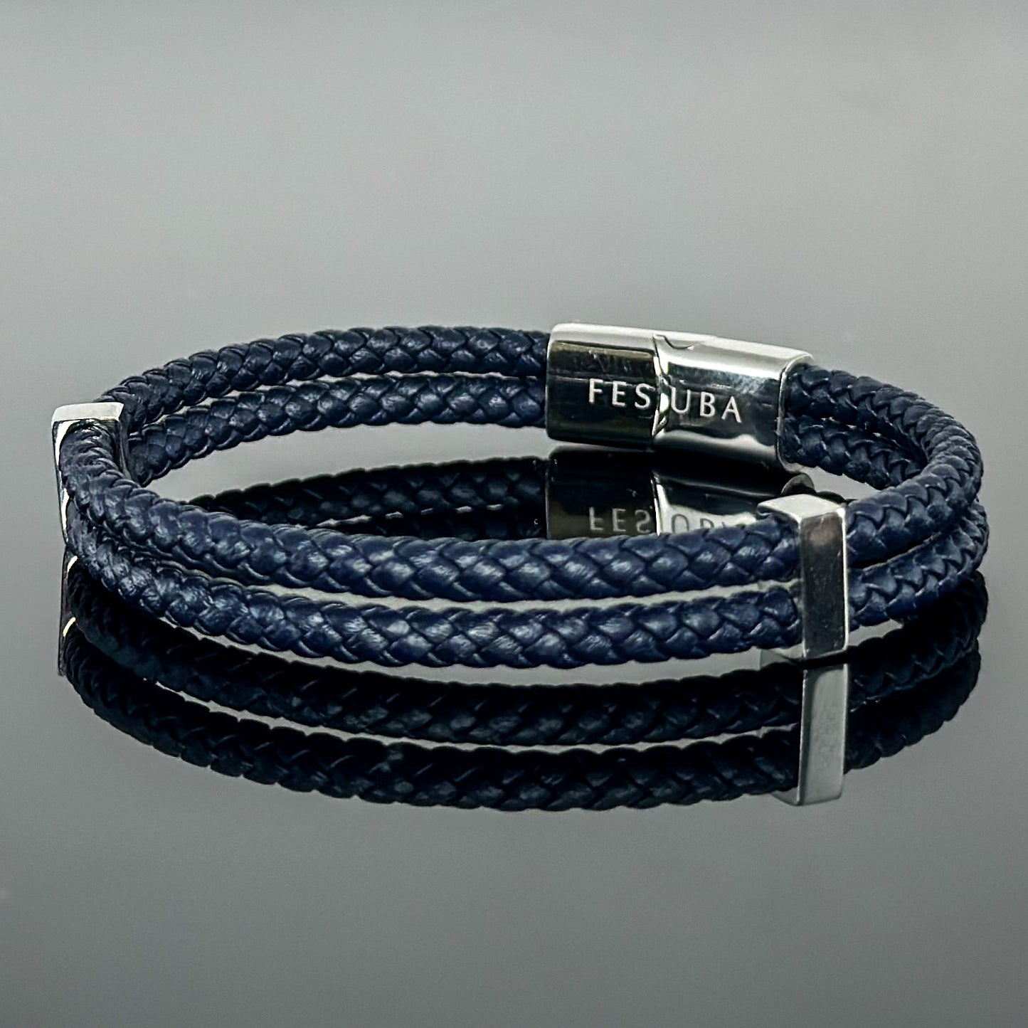 4029 Men’s Double Plait Dark Blue Slim Leather Bracelet