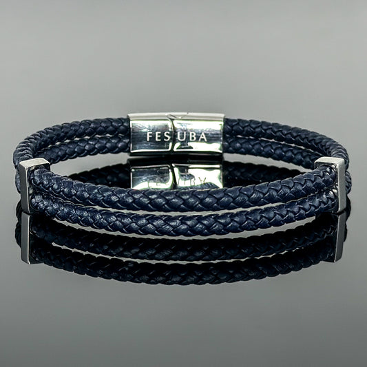 4029 Men’s Double Plait Dark Blue Slim Leather Bracelet