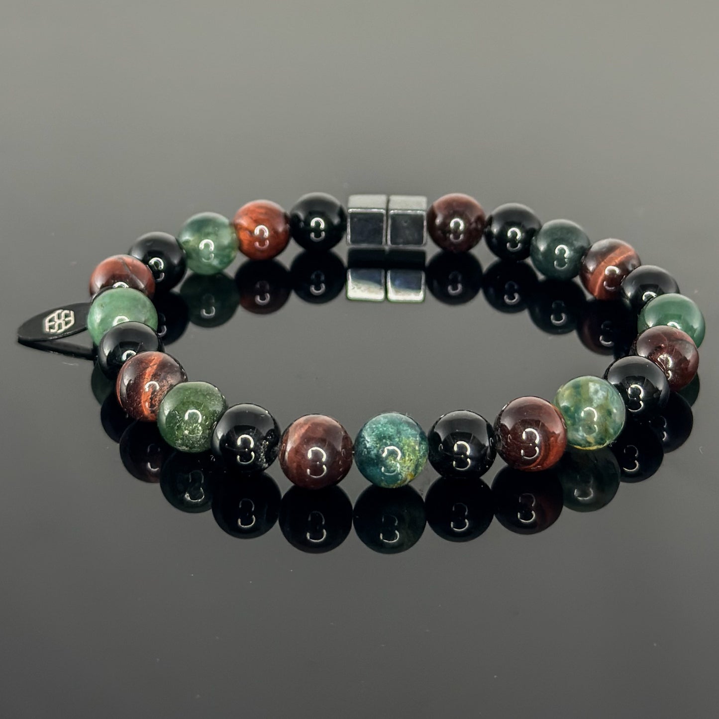 2146 Men's Trio Wristband with Moss Agate, Red Tiger's Eye, and Black Onyx