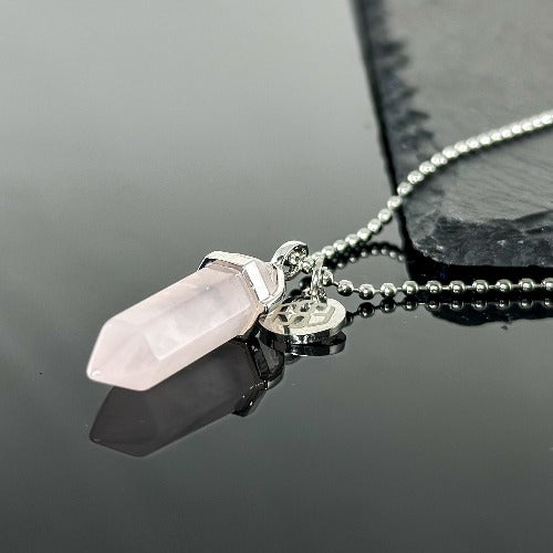 12500 Hexagonal Point Rose Quartz Crystal Pendant Necklace