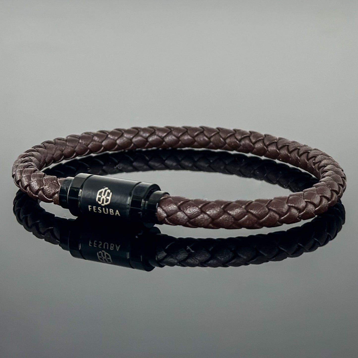 4027 Men’s Brown Plaited Leather Bracelet with Black Magnetic Clasp