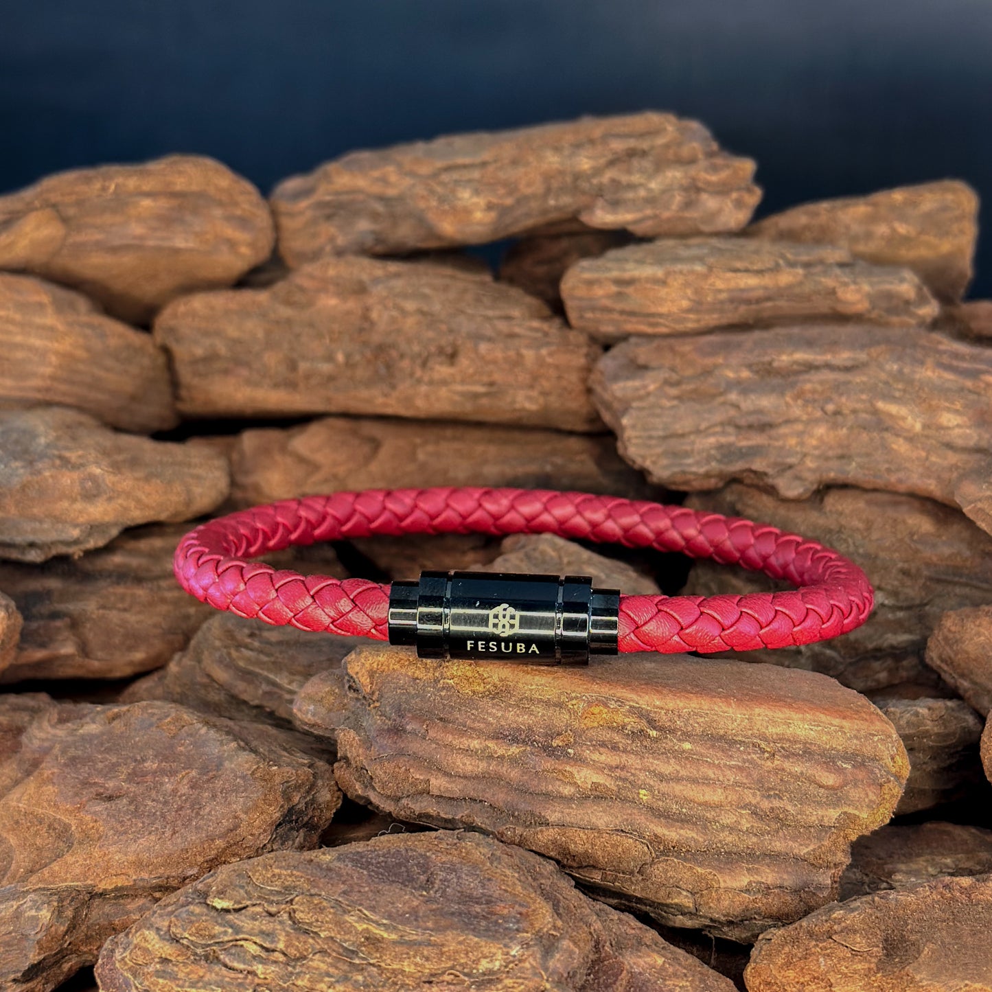 4027 Men’s Dark Red Plaited Leather Bracelet with Black Magnetic Clasp