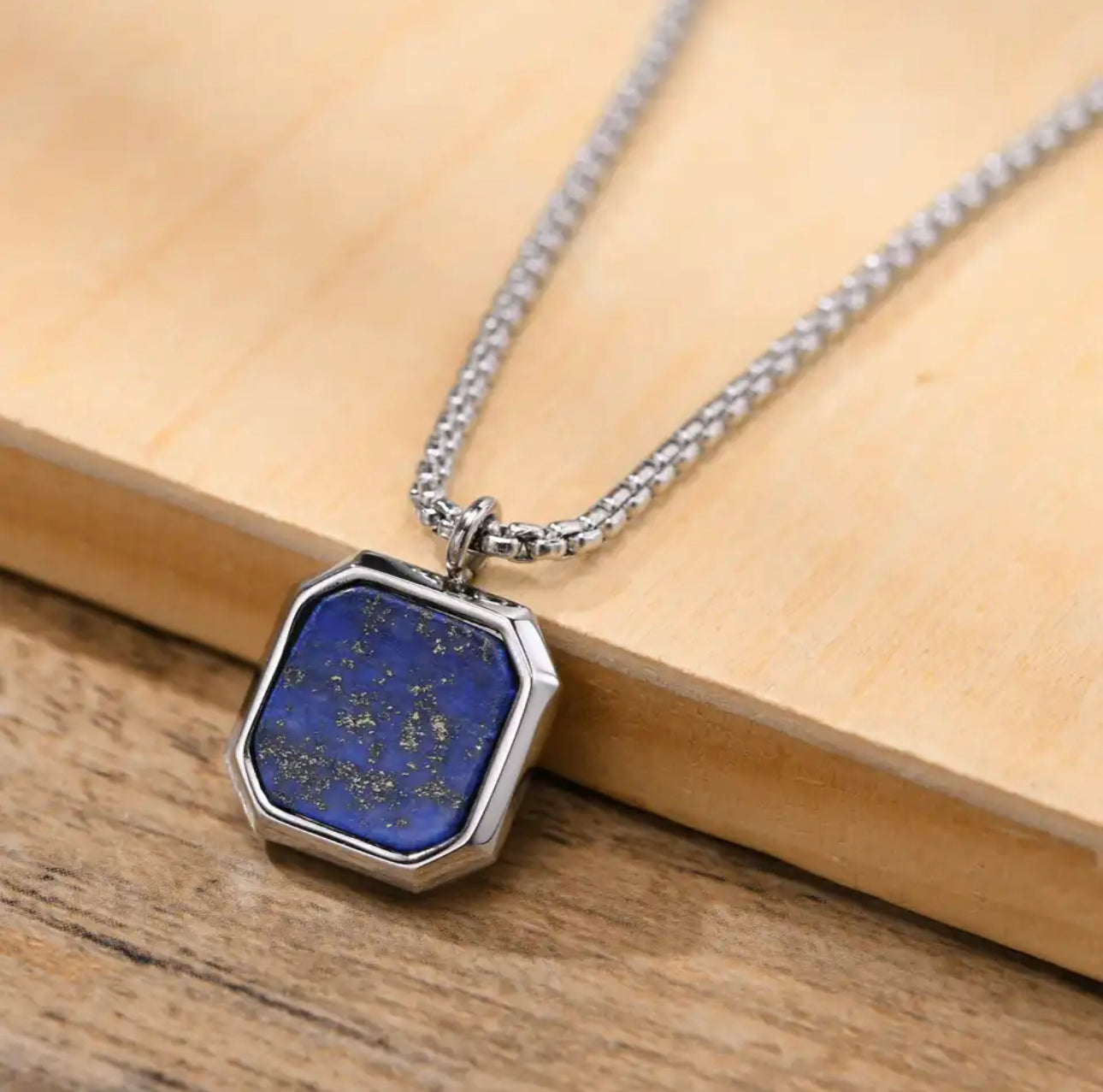 13204 Men’s Necklace Stainless Steel with Lapiz Lazuli Square Pendant