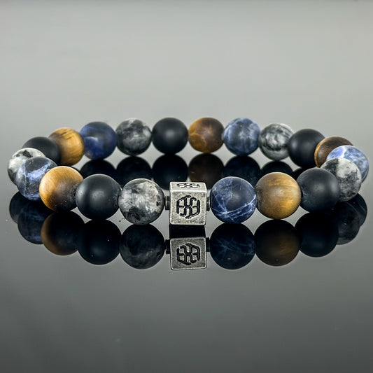 3106 Men's Signature Wristband with Matte Dark Blue Sodalite, Matte Tiger's Eye, Matte Black Onyx, and Matte Larvikite,