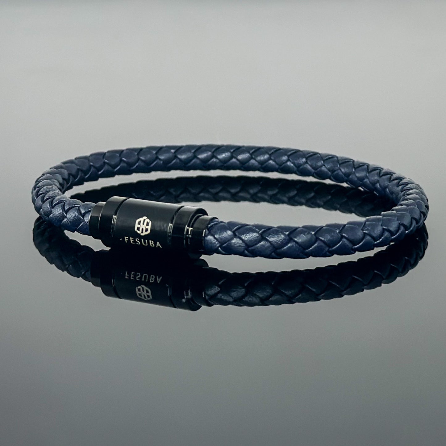 4027 Men’s Dark Blue Plaited Leather Bracelet with Black Magnetic Clasp