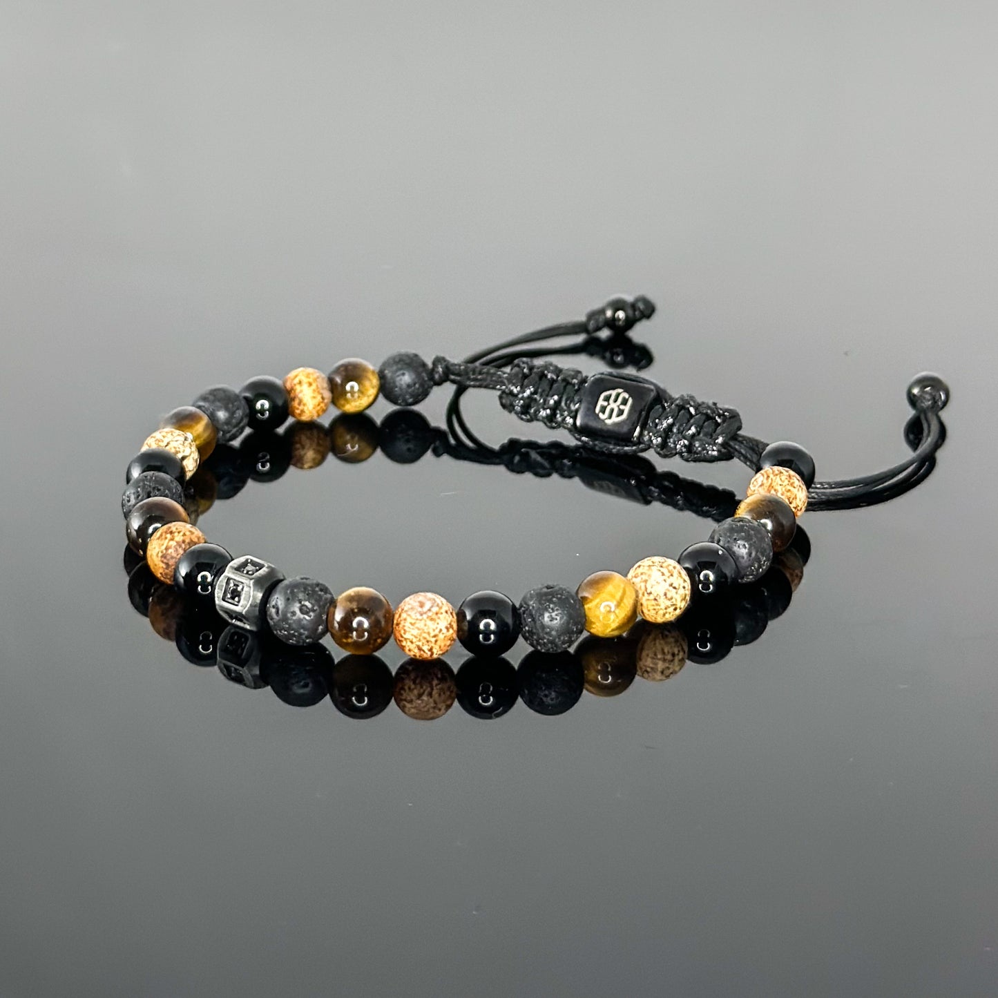 2201 Men's Mixed Stones Bracelet with Tiger's Eye, Black Onyx, Lava Stone and Wood Texture Agate