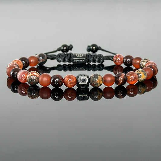 2208 Men's Mixed Stones Bracelet with Leopard Skin Jasper, Crab Fire Agate, Red Tiger's Eye and Matte Red Agate