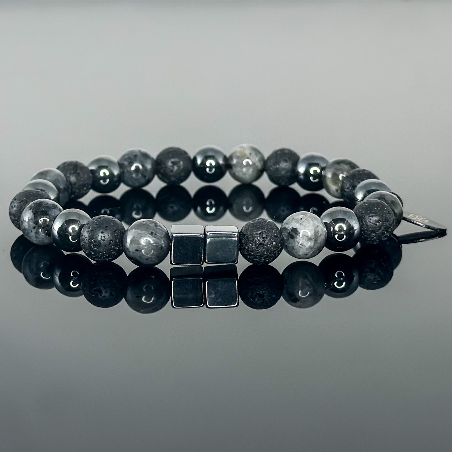 2111 Men’s Trio Wristband with Larvikite, Hematite and Lava Stone