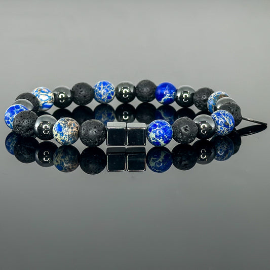 2140 Men's Trio Wristband with Deep Blue Sediment Imperial Jasper, Lava Stone and Hematite