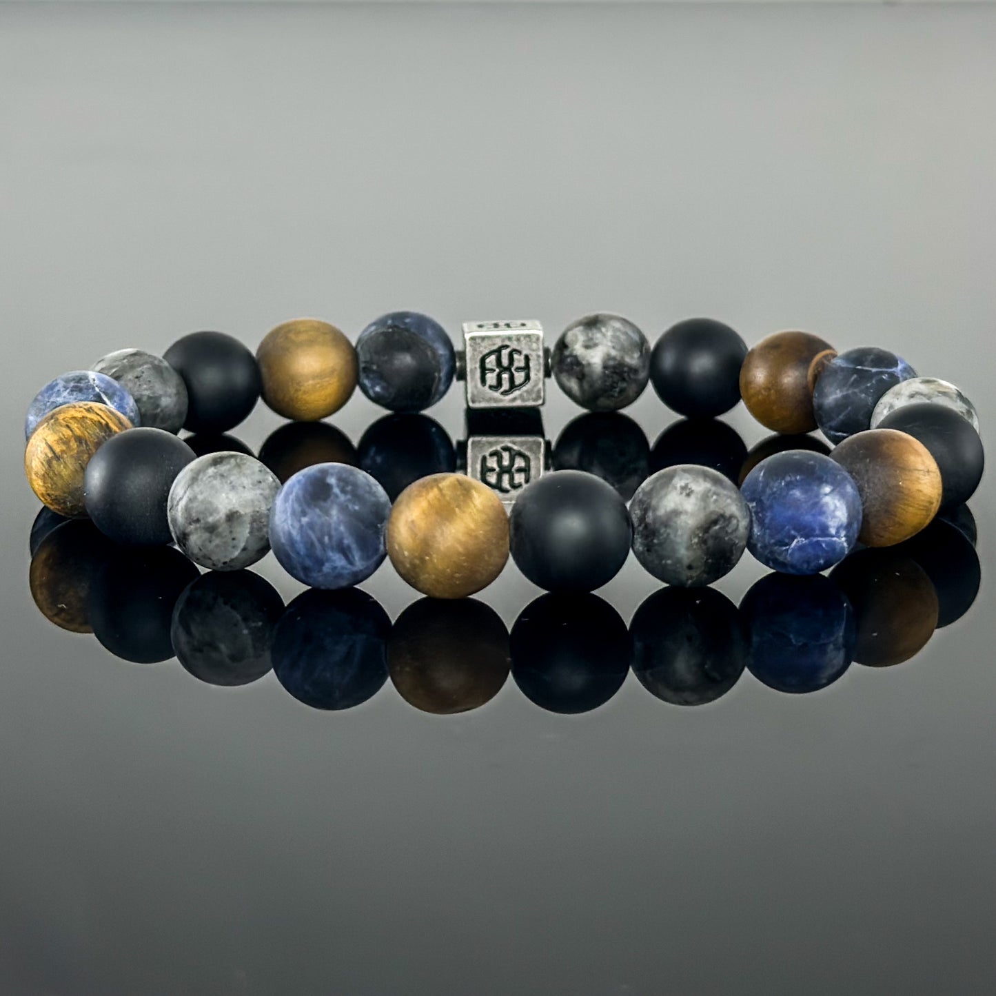 3106 Men's Signature Wristband with Matte Dark Blue Sodalite, Matte Tiger's Eye, Matte Black Onyx, and Matte Larvikite,