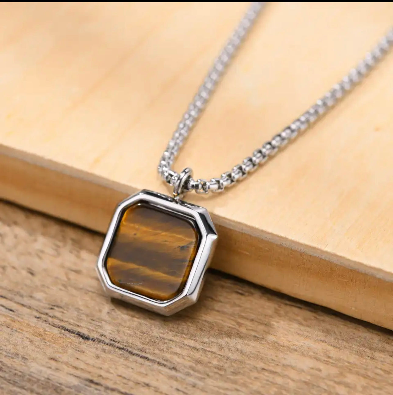 13204 Men’s Necklace Stainless Steel with Tiger's Eye Square Pendant