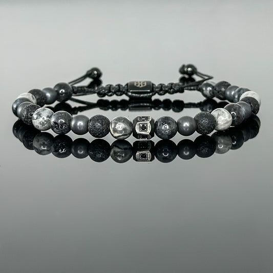 2203 Men's Mixed Stones Bracelet with Larvikite, Gray Landscape Jasper, Lava Stone and Matte Hematite