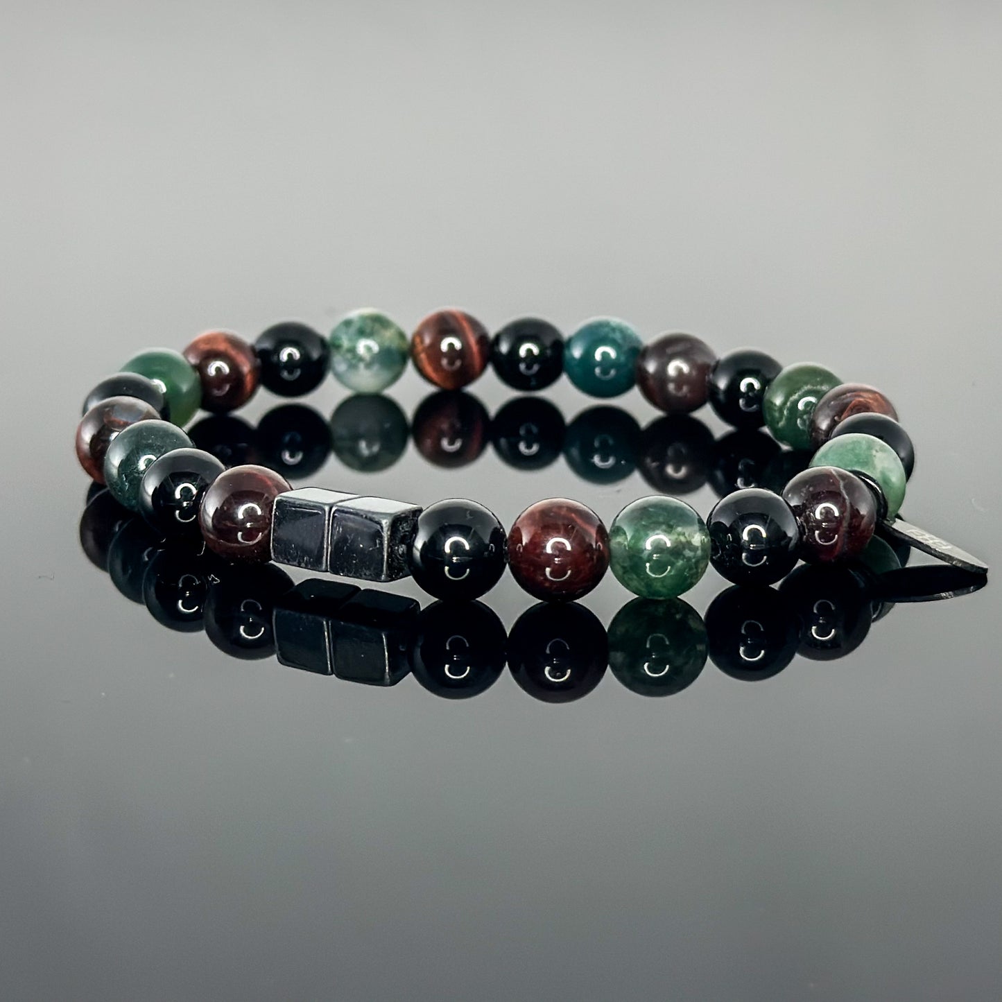 2146 Men's Trio Wristband with Moss Agate, Red Tiger's Eye, and Black Onyx