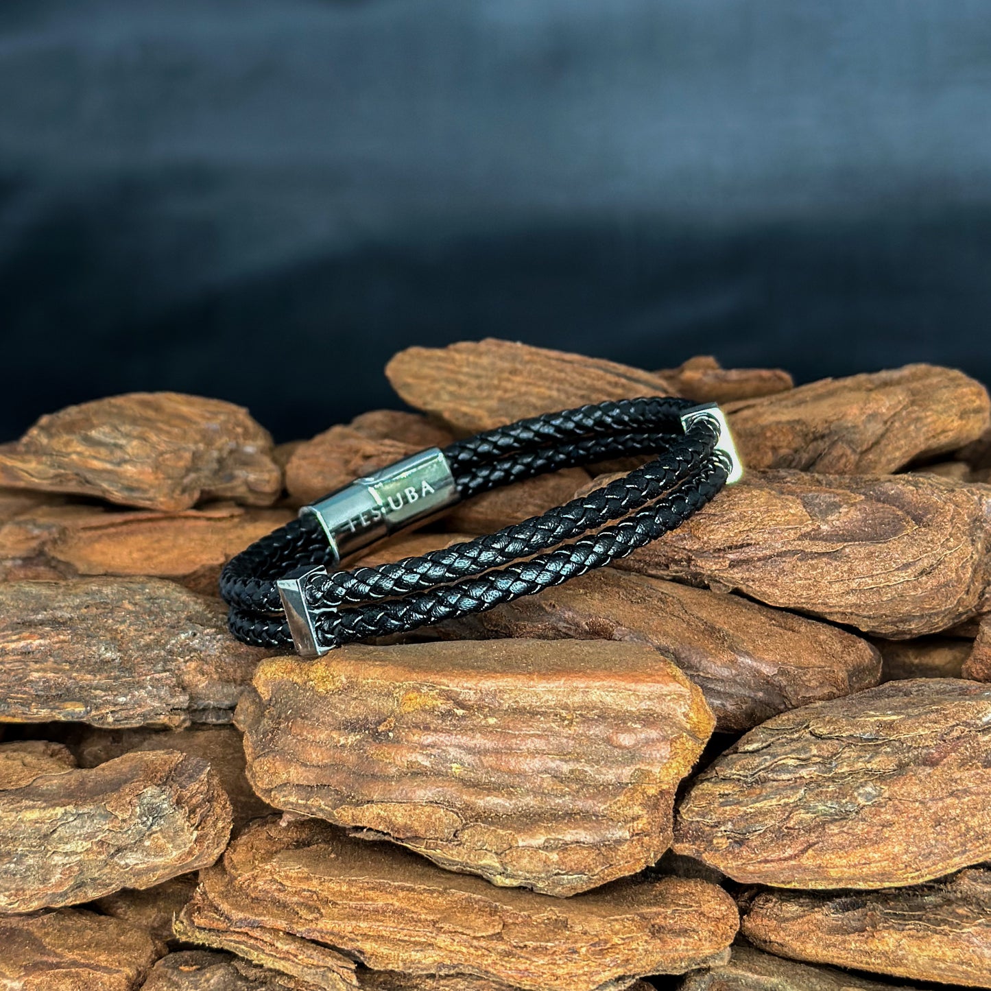 4029 Men’s Double Plait Black Slim Leather Bracelet