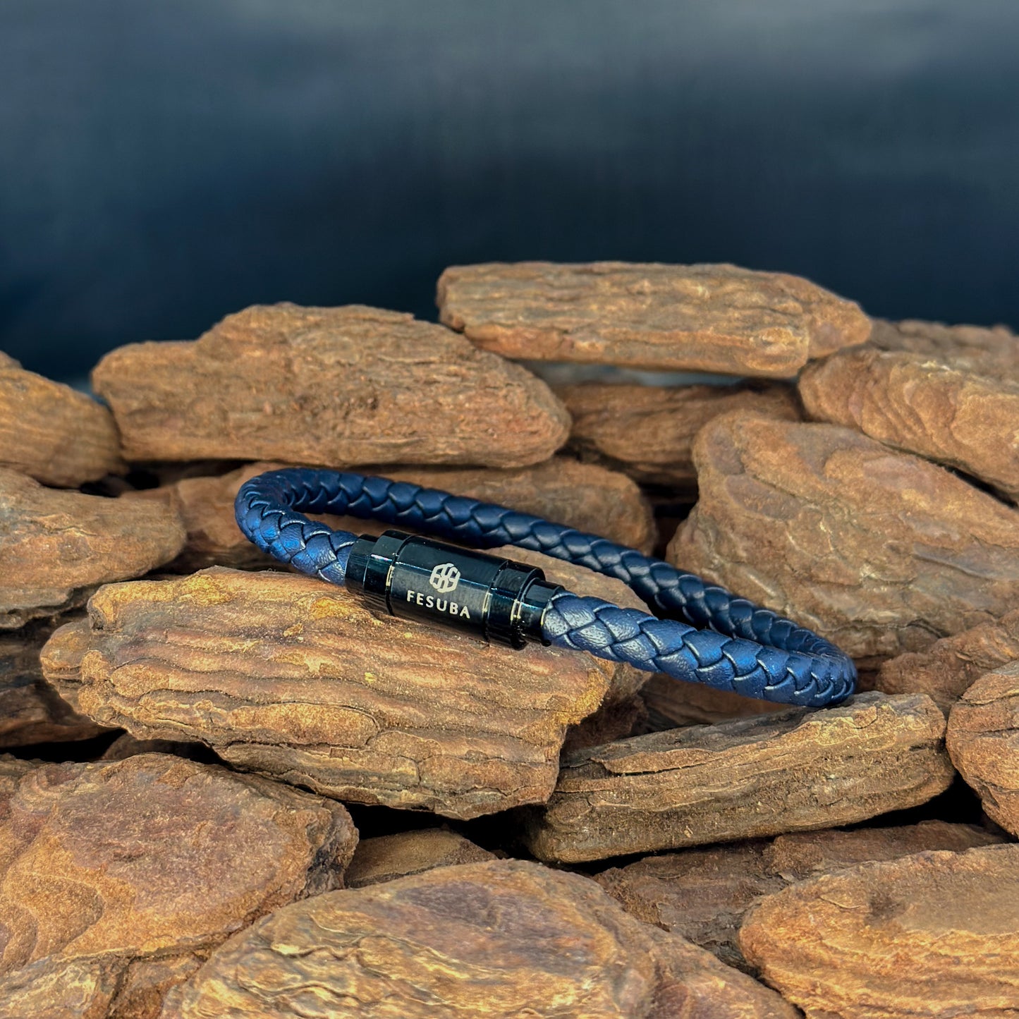 4027 Men’s Dark Blue Plaited Leather Bracelet with Black Magnetic Clasp