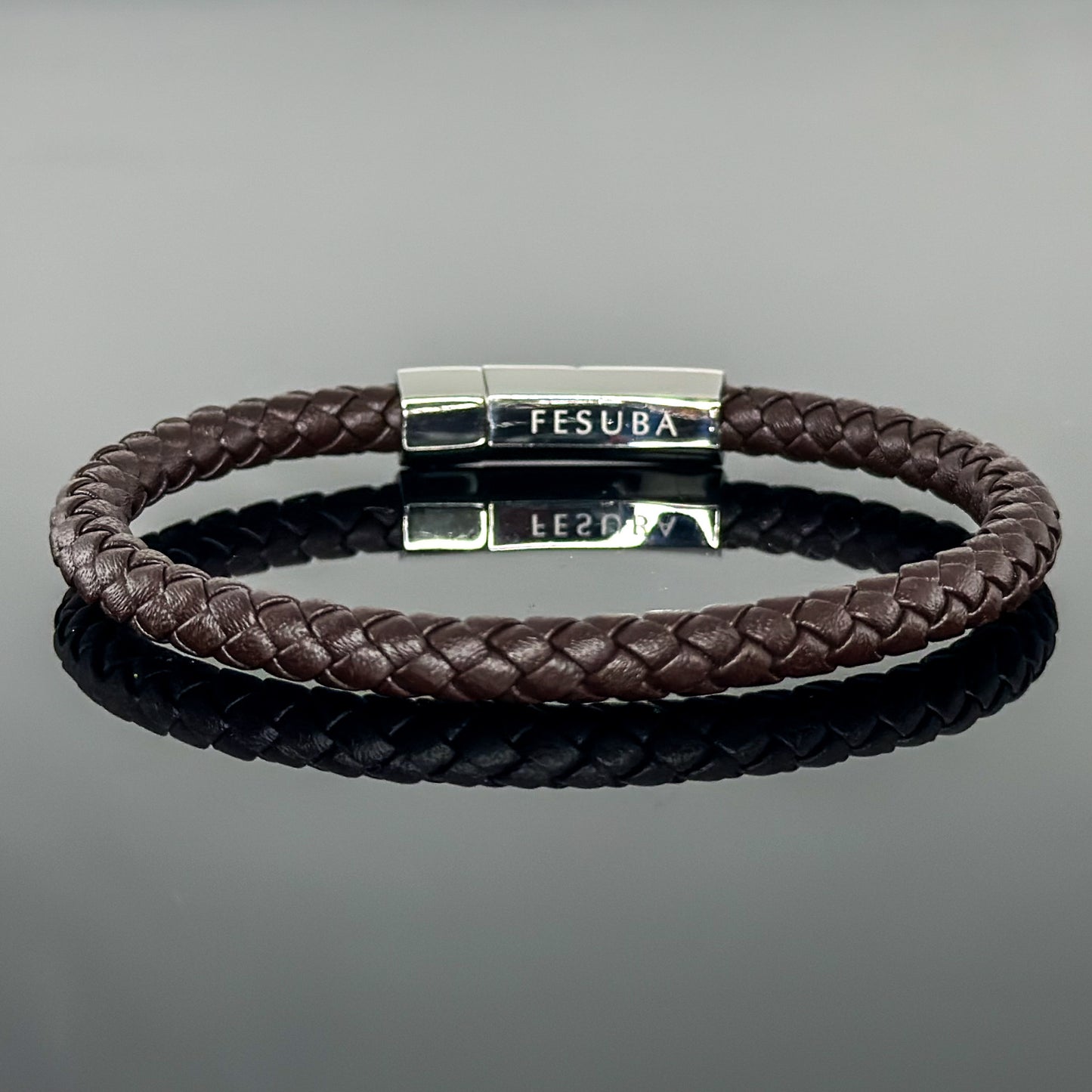 4002 Men’s Plait Round Brown Leather Bracelet with Stainless Steel Clasp