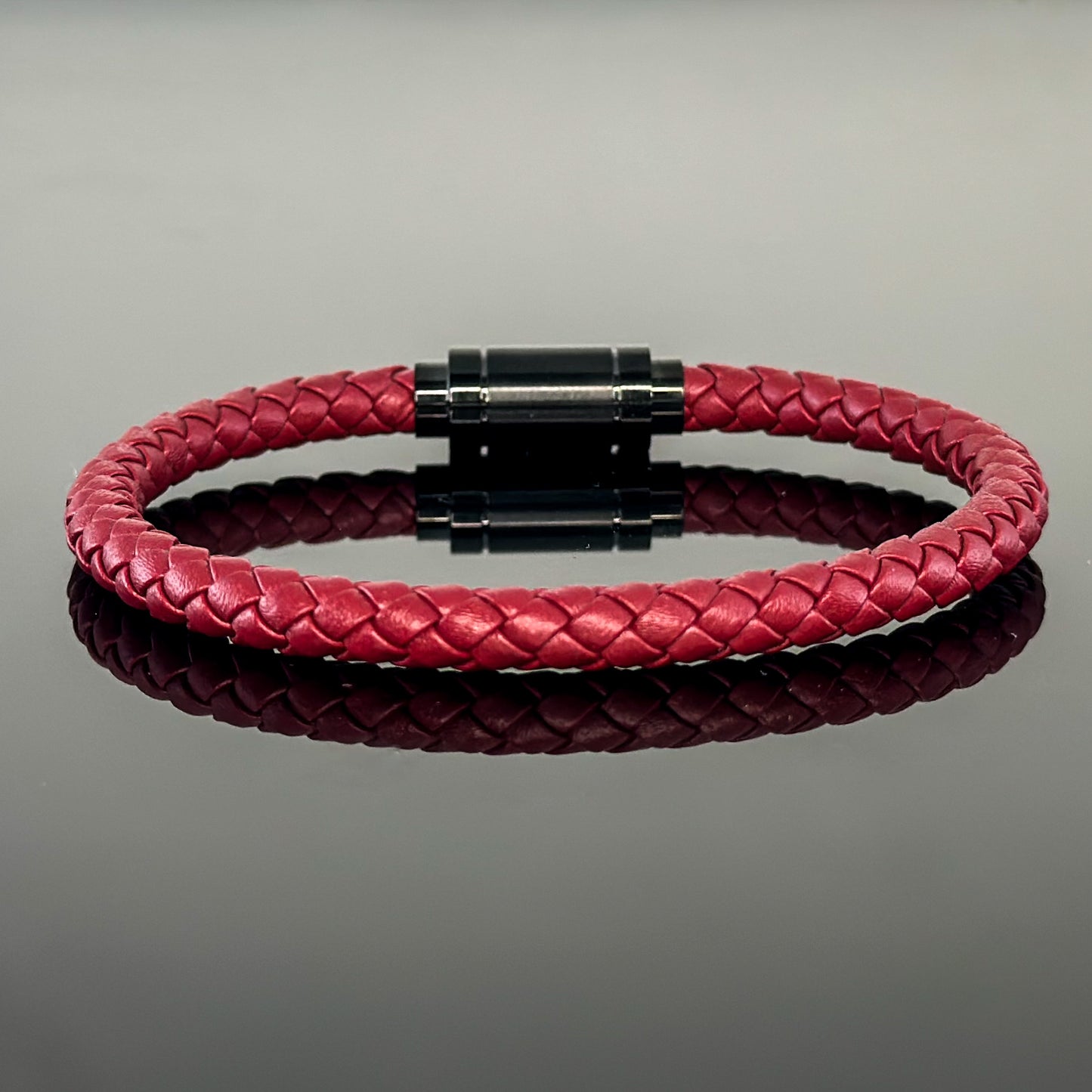 4027 Men’s Dark Red Plaited Leather Bracelet with Black Magnetic Clasp