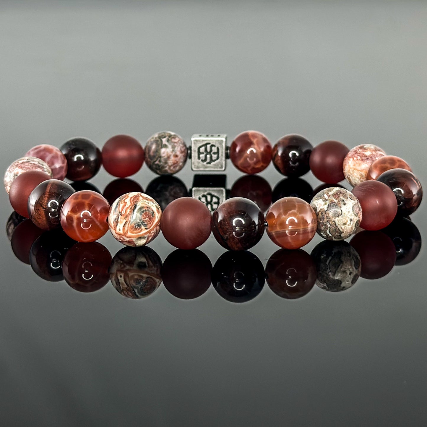 3108 Men's Signature Wristband with Red Leopard Skin Jasper, Crab Fire Agate, Red Tiger's Eye, and Matte Red Agate