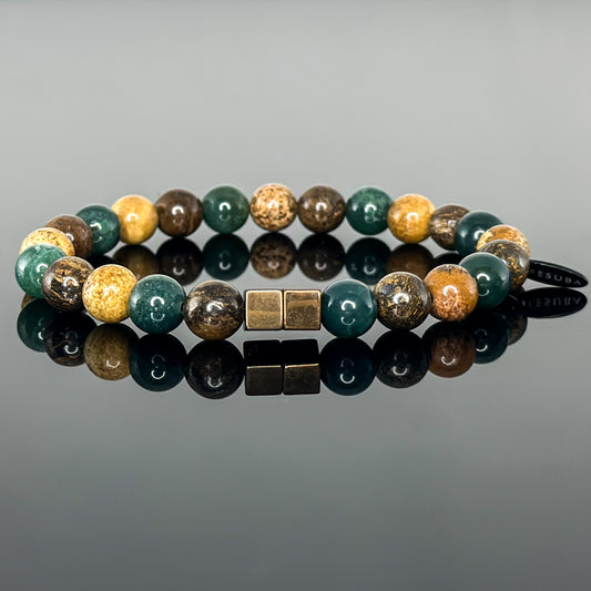 2147 Men's Trio Wristband with Moss Agate, Picture Jasper, and Bronzite