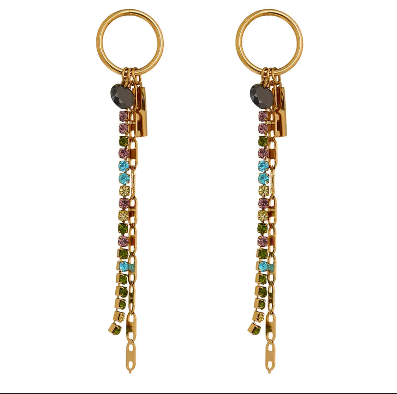 16158 Women’s Multi-Color Crystal Tassel Dangling Gold Plated Stainless Steel Earrings