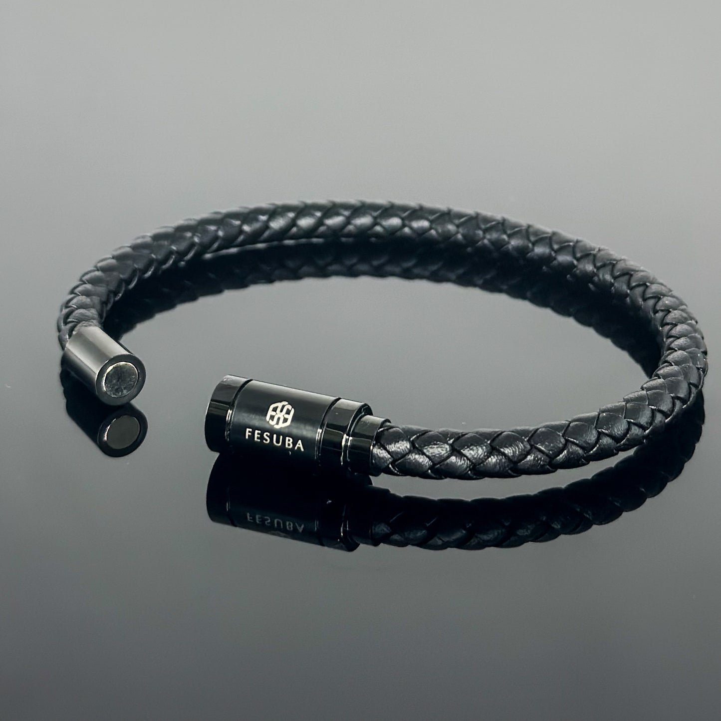 4027 Men’s Black Plaited Leather Bracelet with Black Magnetic Clasp