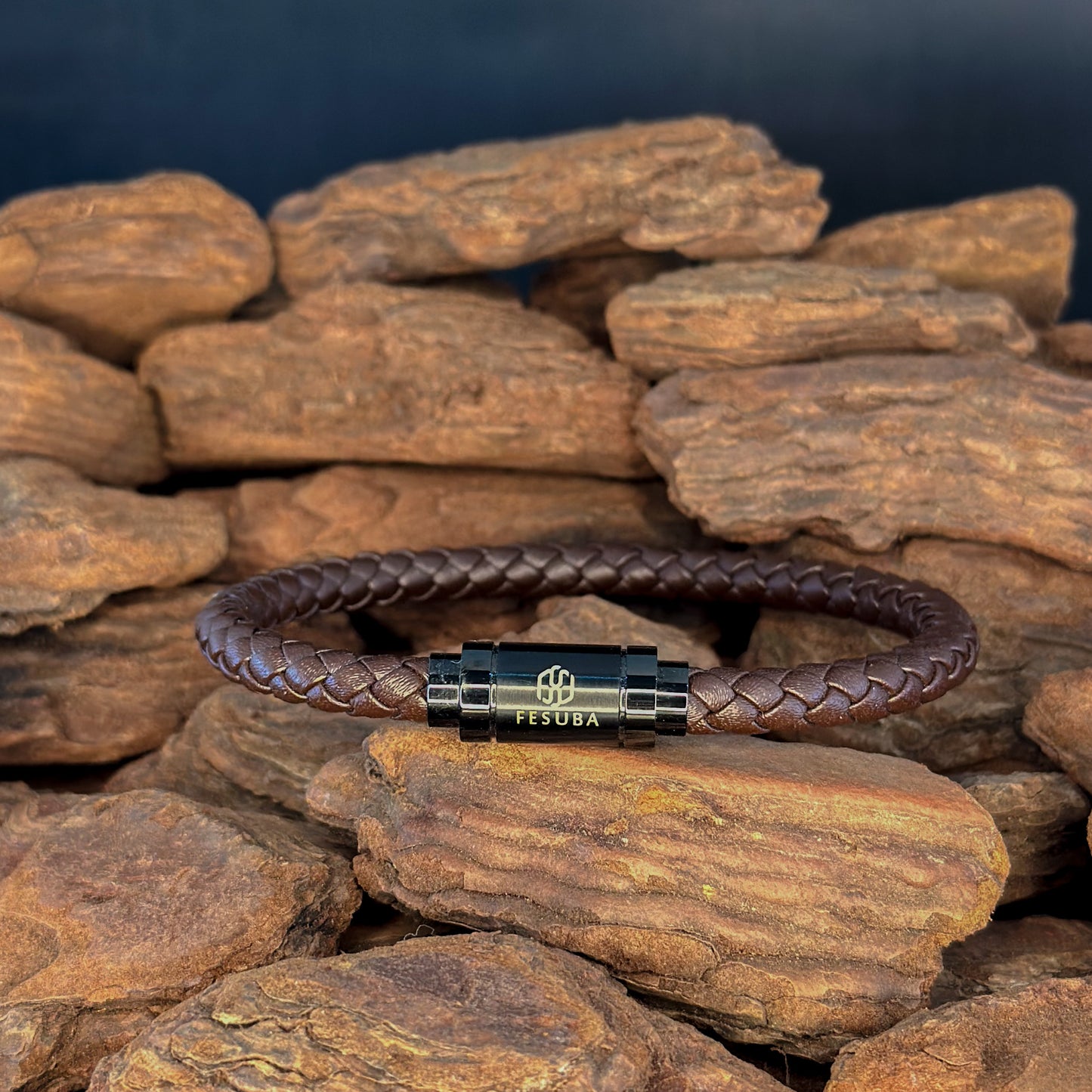 4027 Men’s Brown Plaited Leather Bracelet with Black Magnetic Clasp