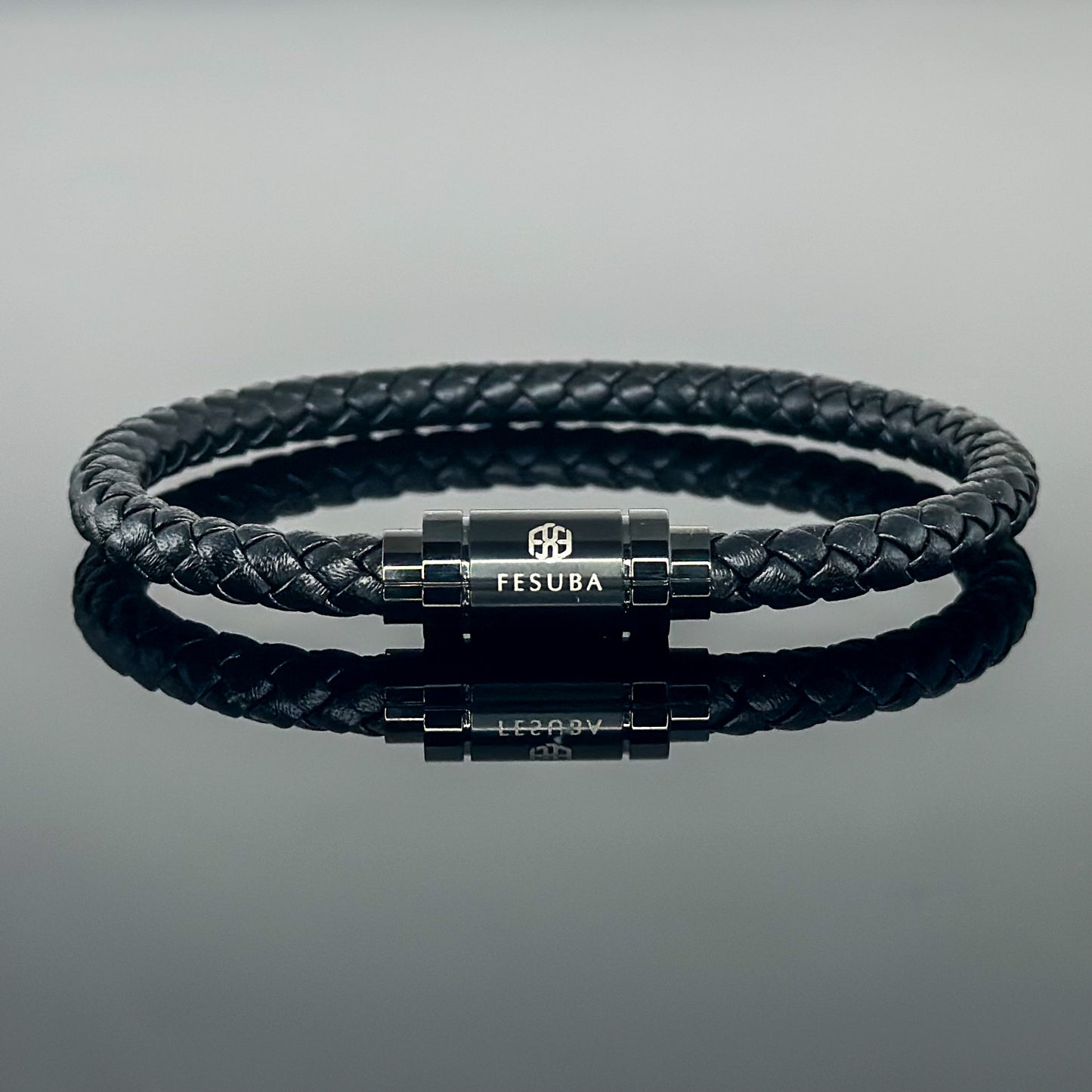 4027 Men’s Black Plaited Leather Bracelet with Black Magnetic Clasp