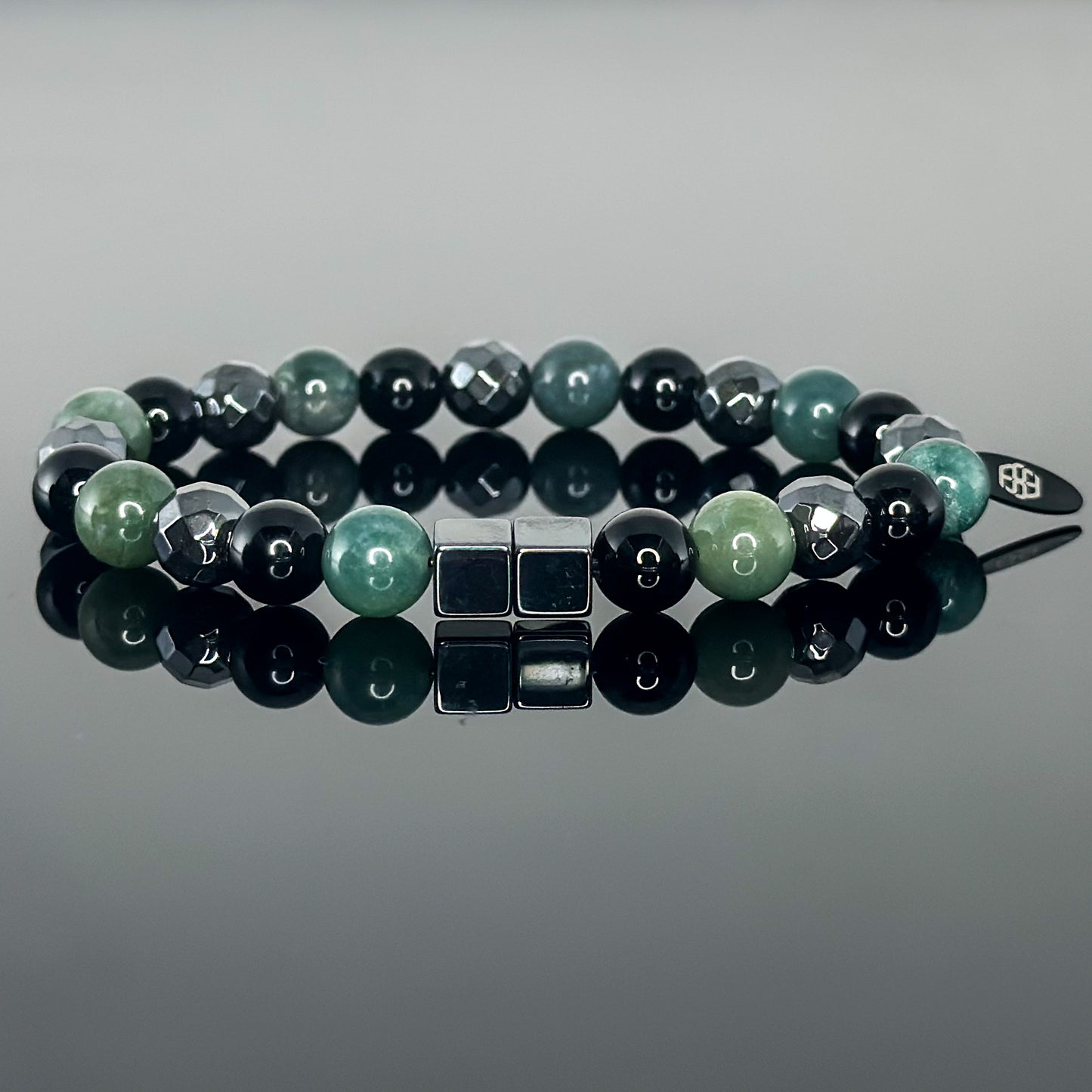 2137 Men's Trio Wristband with  Black Onyx, Hematite and Moss Agate