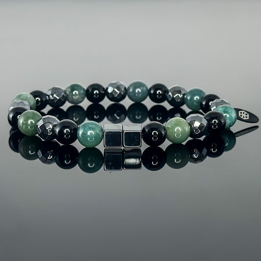 2137 Men's Trio Wristband with  Black Onyx, Hematite and Moss Agate