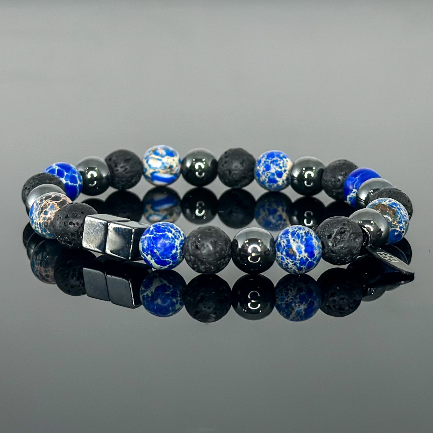 2140 Men's Trio Wristband with Deep Blue Sediment Imperial Jasper, Lava Stone and Hematite