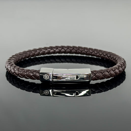 4002 Men’s Plait Round Brown Leather Bracelet with Stainless Steel Clasp