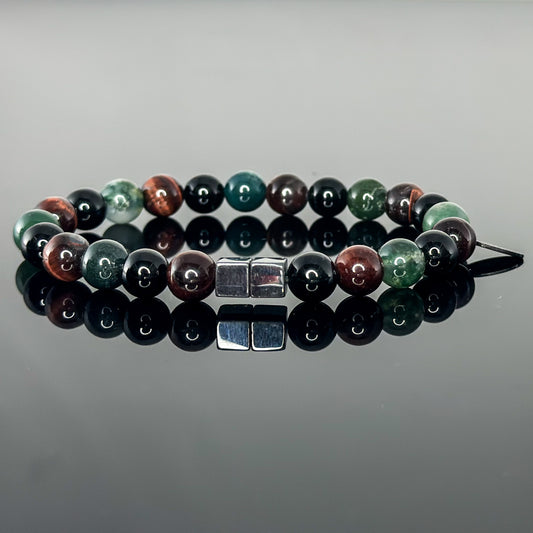 2146 Men's Trio Wristband with Moss Agate, Red Tiger's Eye, and Black Onyx