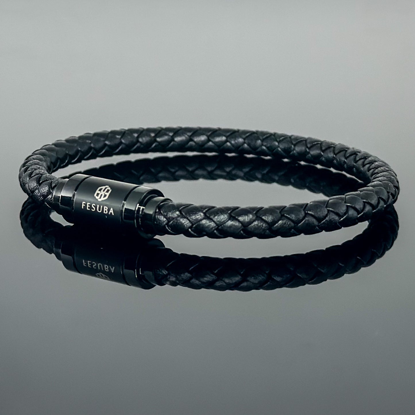 4027 Men’s Black Plaited Leather Bracelet with Black Magnetic Clasp