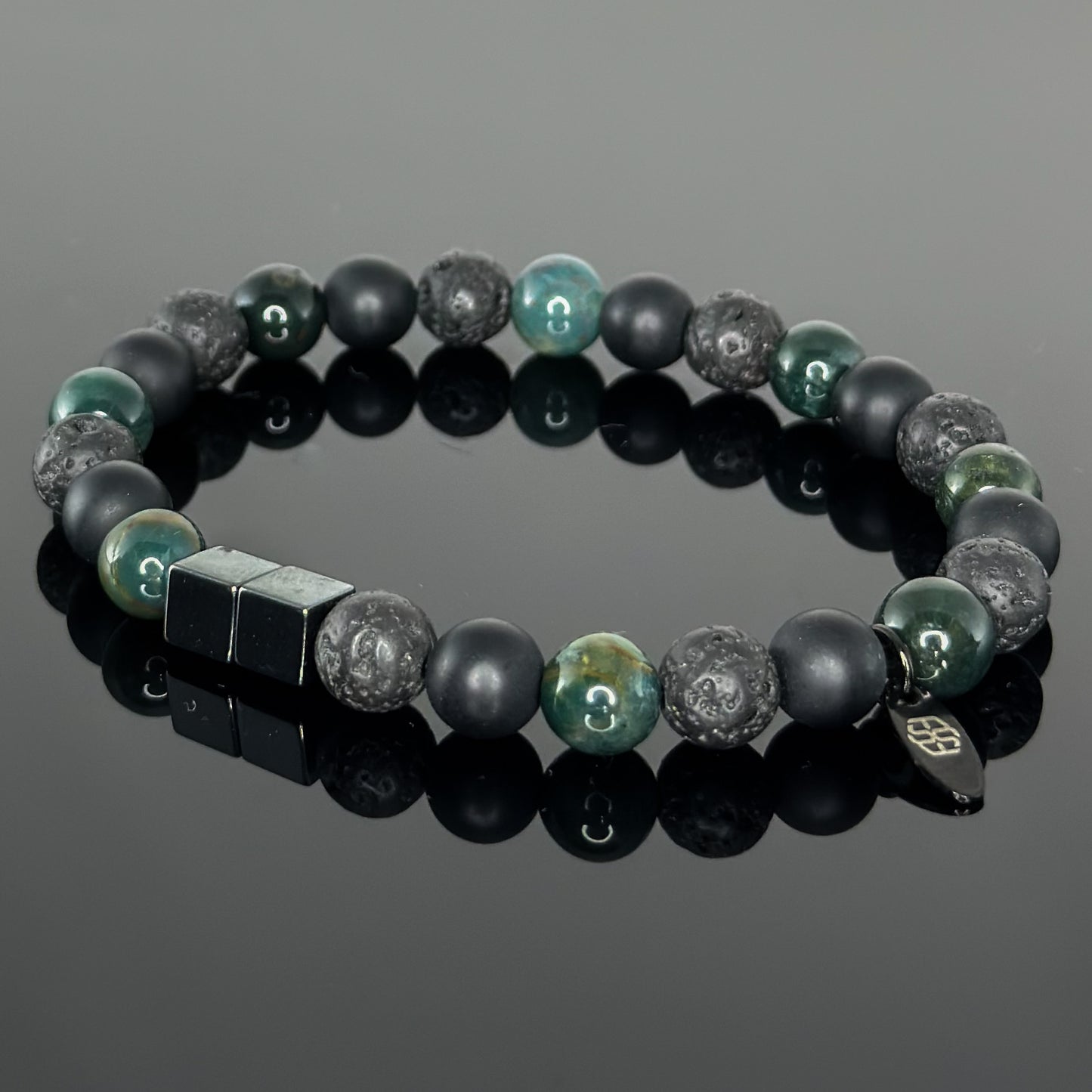 2125 Men's Trio Wristband with Moss Agate, Lava Stone and Matte Black Onyx