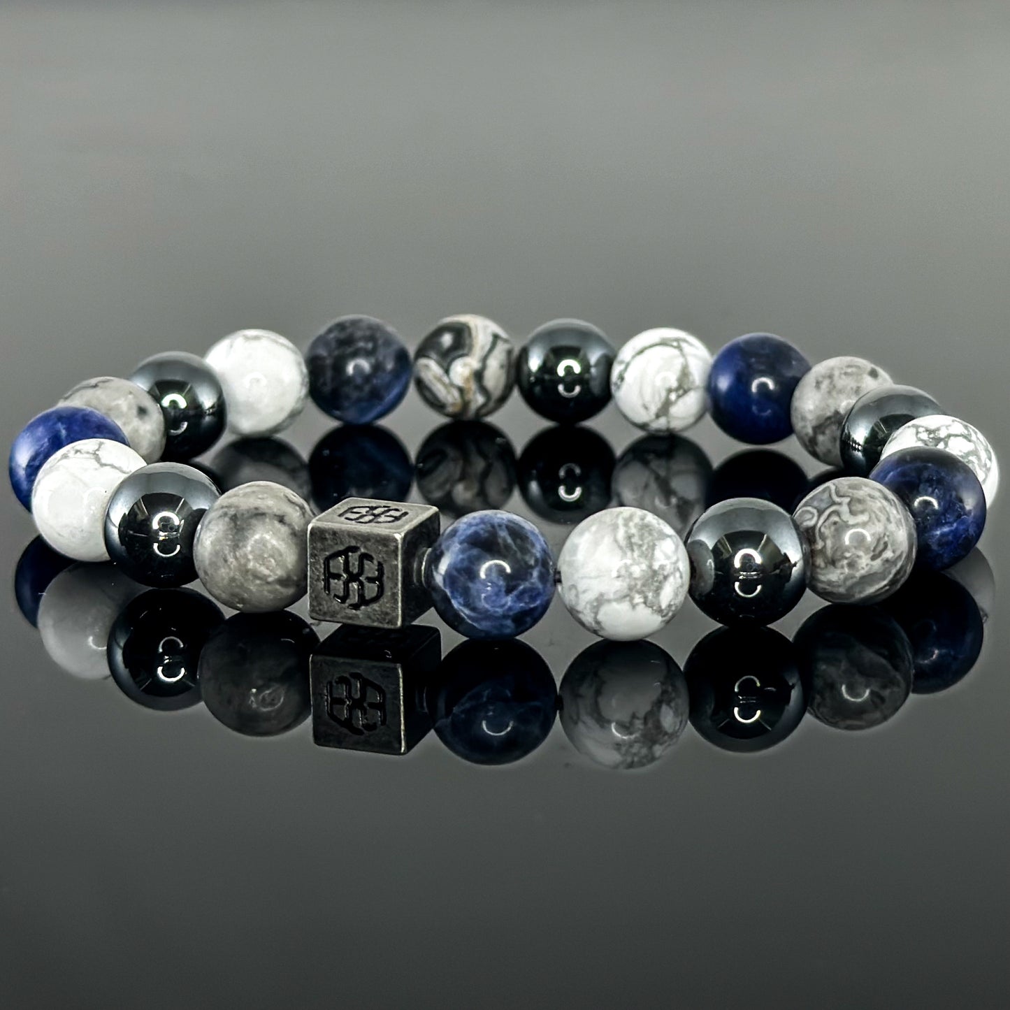 3103 Men's Signature Wristband with Dark Blue Sodalite, White Howlite, Gray Landscape Jasper, and Hematite