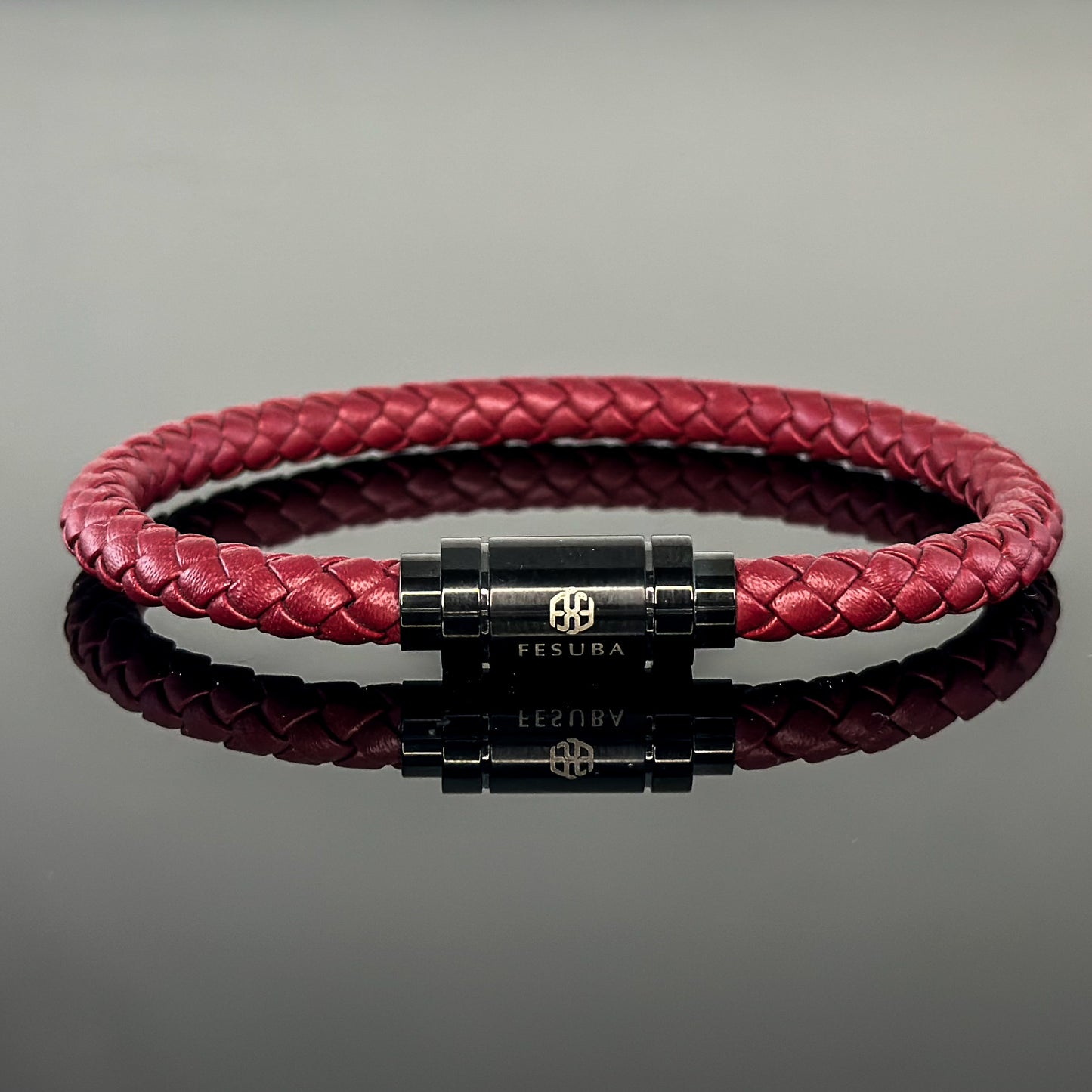 4027 Men’s Dark Red Plaited Leather Bracelet with Black Magnetic Clasp