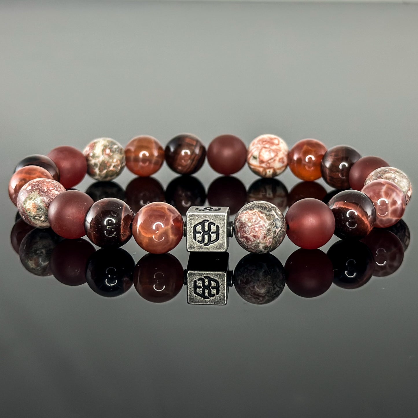 3108 Men's Signature Wristband with Red Leopard Skin Jasper, Crab Fire Agate, Red Tiger's Eye, and Matte Red Agate