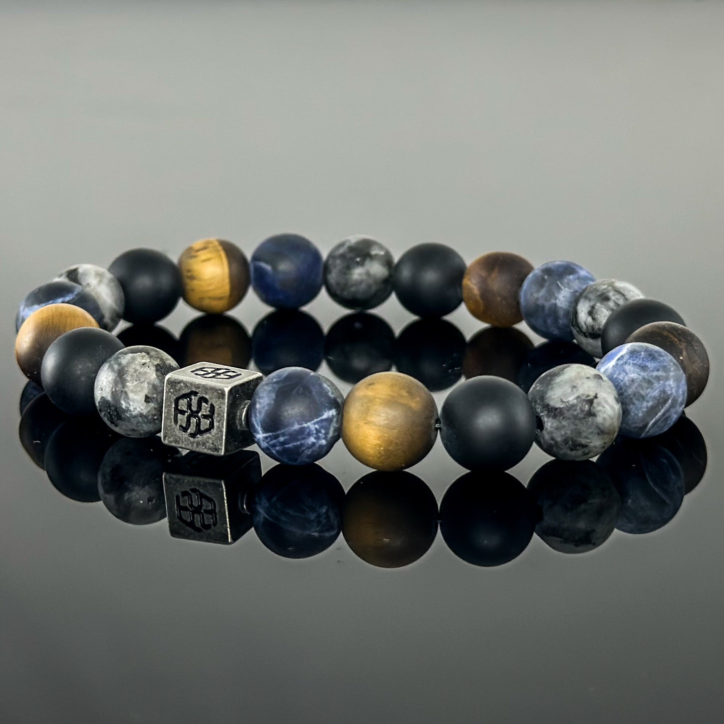 3106 Men's Signature Wristband with Matte Dark Blue Sodalite, Matte Tiger's Eye, Matte Black Onyx, and Matte Larvikite,