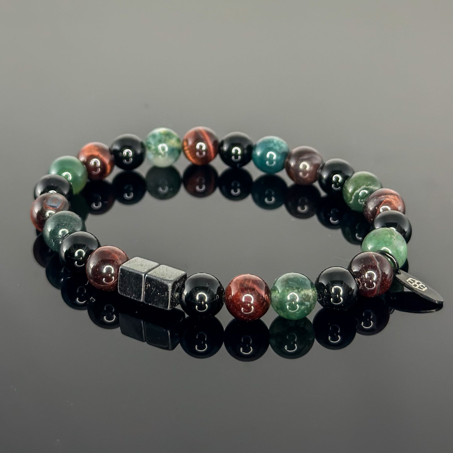 2146 Men's Trio Wristband with Moss Agate, Red Tiger's Eye, and Black Onyx